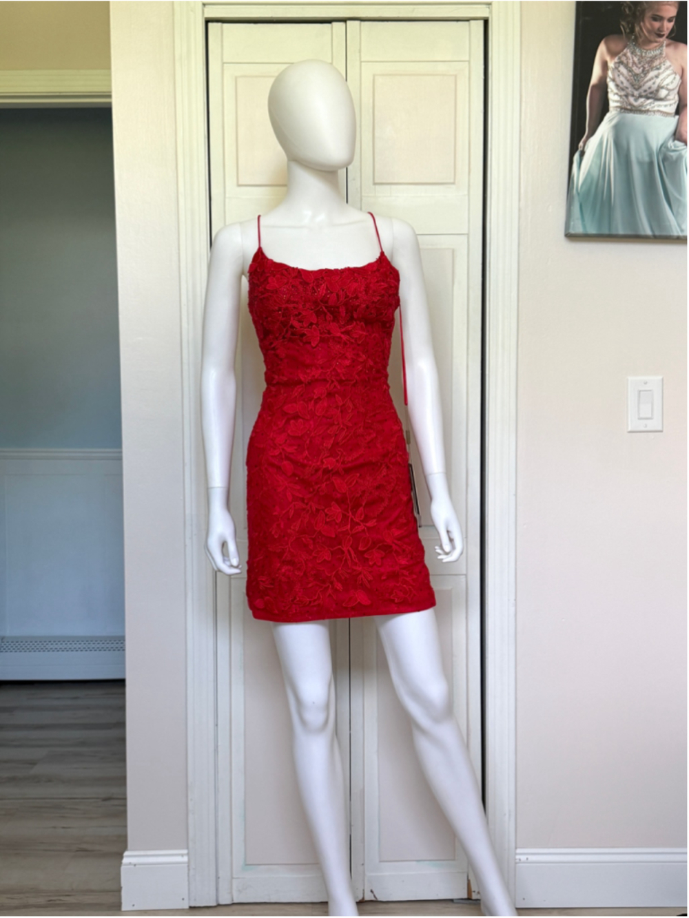 Size 6 Amelia Couture Red Lace Mini Dress Homecoming Hoco Party Open Tie Up Back